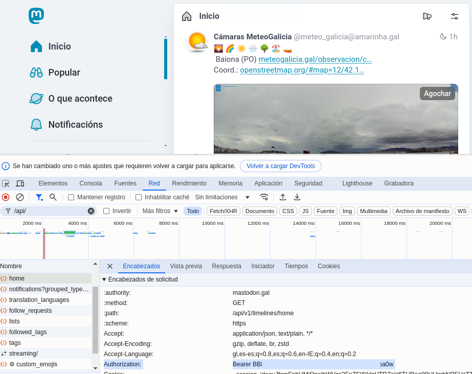 Ferramentas de desenvolvemento do navegador mostrando a lapela de rede coa lista de peticións filtrada para mostrar só as que conteñen /api/ na dirección y seleccionando unha delas para mostrar as cabeceiras de solicitude.